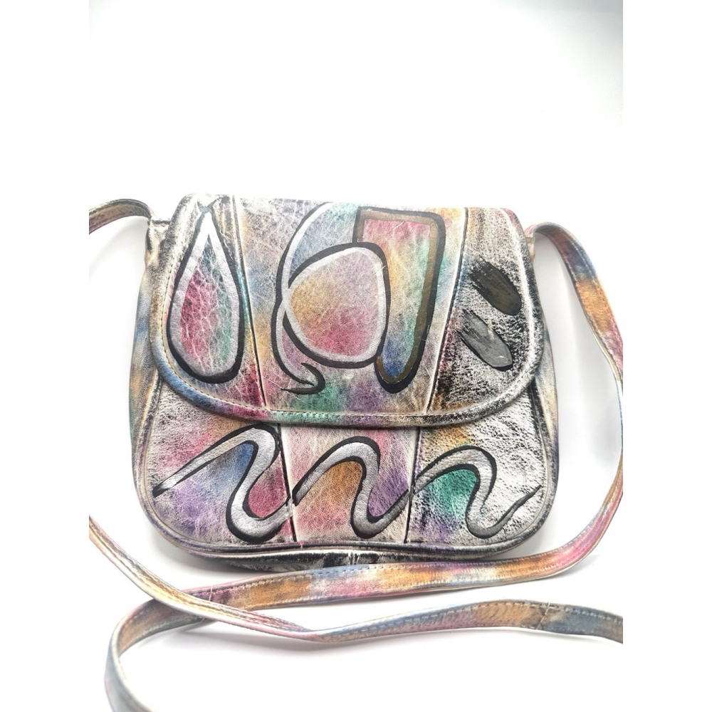 Vintage Botary Crossbody Bag Abstract Hand Painted Leather Multicolor